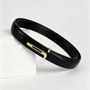 Women minimalist black leather belt with gold J buckle stylish accessory for dress suit