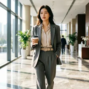 Detailed view of the women's woven belt featuring a round metal buckle, showcased in an office setting.