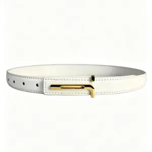 Elegant white leather women's belt featuring a luxury gold-tone turn-lock metal buckle.