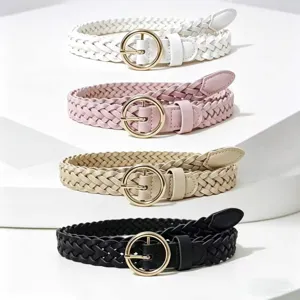 Women braided belt round metal buckle PU leather casual waist strap multi-color stylish fashion.