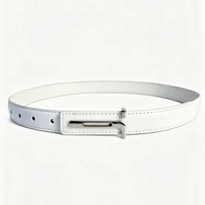 Elegant white leather belt with minimalist metal buckle, perfect for dresses and suits.