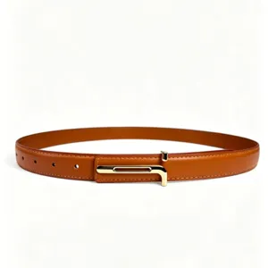 Women's minimalist brown leather belt detail, featuring a sleek gold-tone smooth metal buckle design.