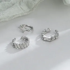 Minimalist silver ear cuff set with star and square stone details for non-pierced ears.