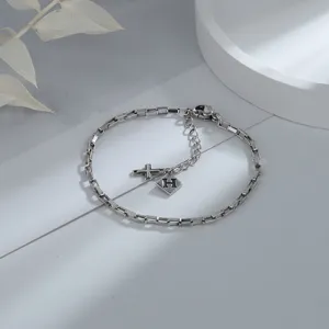 Vintage silver box chain bracelet with cross and H letter charms for women fashion