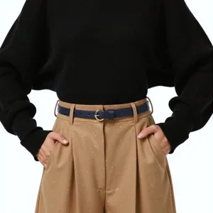 Women thin leather belt with gold round buckle elegant casual waist belt for jeans trousers