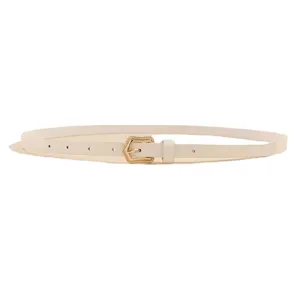 White leather belt detail, gold vintage buckle, minimalist style for jeans and dresses.