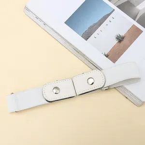 White elastic stretch belt with buckle-free design, comfortable invisible adjustable jeans waistband.