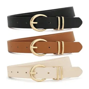 Detailed view of women casual PU leather belts with gold round buckles in three classic colors.