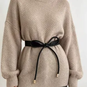 Stylish black faux leather bowknot belt for women, perfect accessory for sweaters.