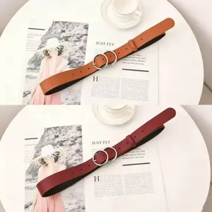 Women Fashion PU Leather Belt Double O-Ring Metal Buckle Versatile Casual Waistband For Jeans Dresses Accessories