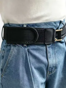 Black elastic lazy belt with metal double ring buckle and convenient velcro detail
