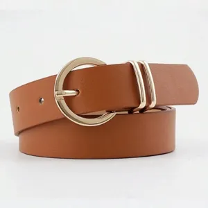 Close-up detail shot of brown PU leather belt featuring a classic gold circular pin buckle.