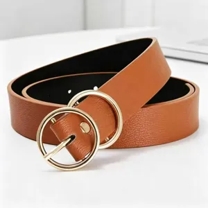 Close-up detail of the brown PU leather belt featuring a stylish double round golden buckle.