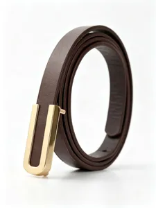 Detailed view showing the elegant gold U-shaped alloy buckle on a slim brown leather belt