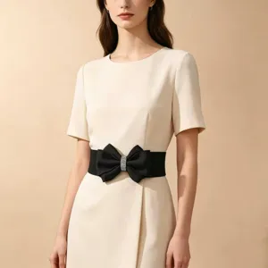Elegant black elastic wide waist belt for women with rhinestone bow, chic dress accessory.