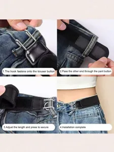 Adjustable buckle-free lazy elastic belt with metal hook for jeans, easy installation steps.