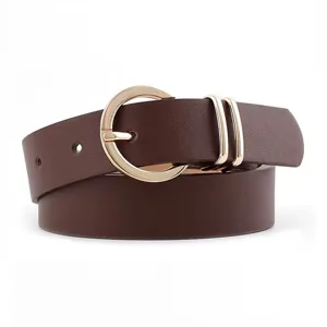 Detailed view of dark brown PU leather women belt featuring polished gold-tone round buckle.