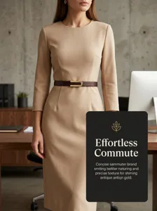 Close-up of a minimalist slim belt with a gold U-shaped buckle on a beige dress.
