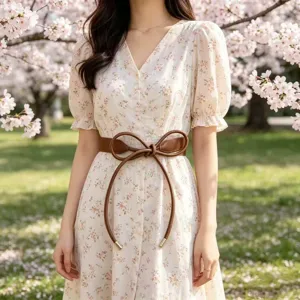 Stylish women brown leather knotted belt, perfect fashion accessory for dresses and coats.
