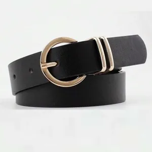Women fashion PU leather belt casual black waist belt with stylish gold round pin buckle