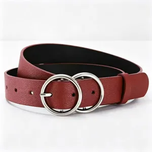 Red women faux leather belt featuring stylish double silver round buckles for jeans wear.