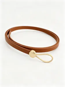 Slim women's brown PU leather dress belt featuring a chic metallic gold waterdrop buckle.