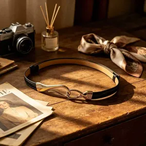 Detailed shot of a sleek black PU thin belt featuring a retro gold metal hook buckle.