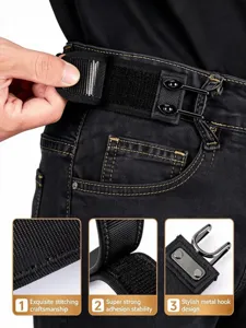 Close-up detail view of adjustable waist belt showing strong velcro and stylish metal hooks.