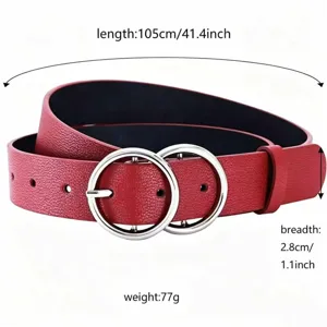 Detailed view of women red PU leather belt featuring double silver round metal buckle.