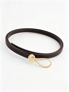 Slim women PU leather belt with gold teardrop buckle, stylish accessory for dresses and suits.