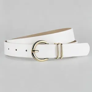 White PU leather women belt with gold round pin buckle casual jeans accessory detail shot