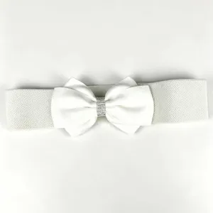 Detailed view of the women's elastic wide waist belt featuring a white bow with rhinestone accent.