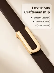 Detail of a slim brown PU leather belt featuring a polished gold U-shaped buckle.