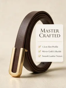 Detail of 1.5cm slim brown PU leather belt with mirror gold U-buckle for women