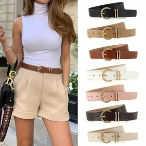Women Casual PU Leather Belt Fashion Metal Round Pin Buckle Double O-Ring Waistband For Jeans Daily Commute