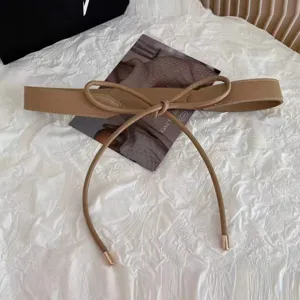 Women khaki PU leather bow belt chic dress accessory decorative waist strap for sweaters