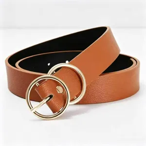 Women's PU leather belt with a chic gold-tone double round metal buckle for stylish daily wear.