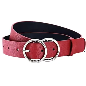 Women's red PU leather belt featuring a stylish double round metal buckle for versatile daily wear.