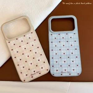 Coque de Téléphone Coréenne Plaid Cœur Pour iPhone 17 16 15 Pro Max Samsung S25 Huawei Mate 70 PC Rigide Protectrice Arrière
