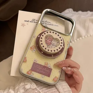 Magnetic phone case with cute bear pattern and heart-shaped pop-socket stand