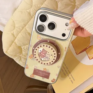 Detail view of the cute cream teddy bear phone case with a functional magnetic stand