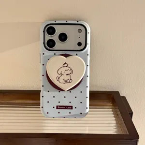 Coque iPhone bleu clair à pois avec un support mignon en forme de chien de coeur