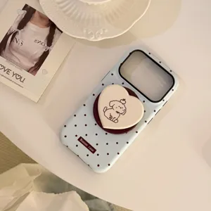 Coque iPhone à pois bleu clair avec accessoire de support pop socket chien en cœur