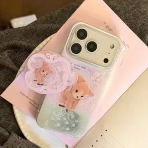 Schattig glitter iPhone-hoesje met hertenpatroon en bijpassende inklapbare houder