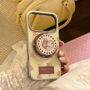 Cute teddy bear magnetic stand phone case in golden cream yellow finish for iPhone