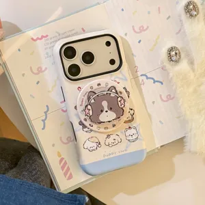 Süße iPhone-Hülle mit Hunde-Cartoon-Thema und Magnetständer auf Planer-Hintergrund