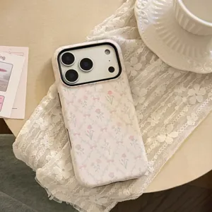 French style iPhone case with pink floral ribbon pattern and matte hard shell texture