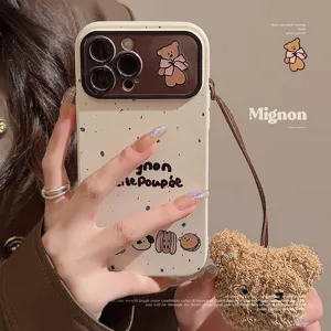 Cute Cartoon Bear Ink Splash TPU Phone Case With Lanyard Plush Pendant Protective Shell For IPhone Series