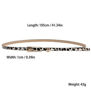 Leopard print thin leather belt detail view, showcasing the fine strap and metallic buckle.