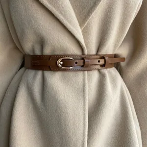 Classic brown PU leather waist belt with elegant metal pin buckle for coat dress styling